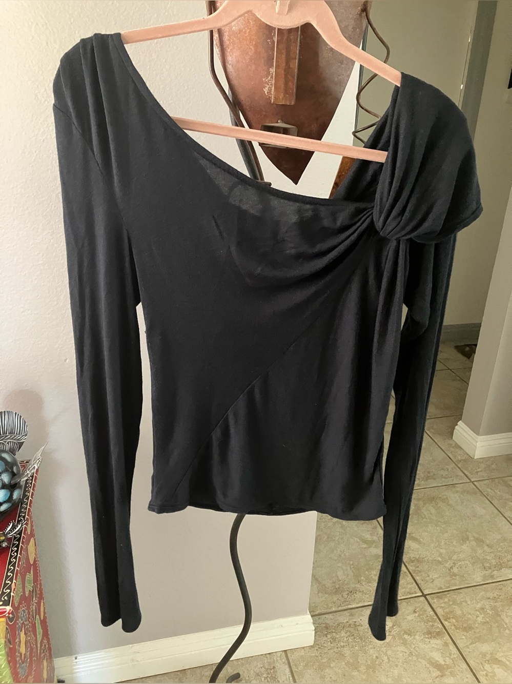 Free People Asymmetrical Style Knot-Detail Long Sleeve in Navy Top NWOT XL